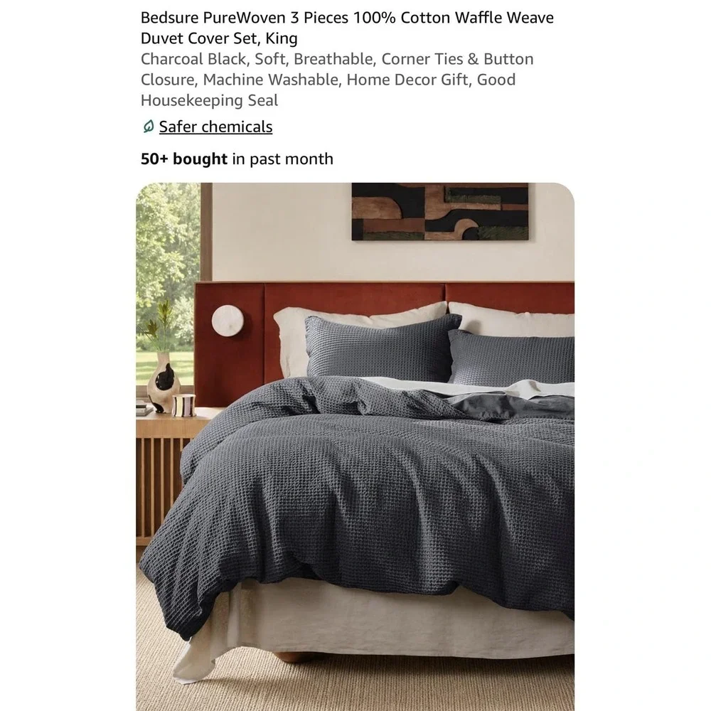 Bedsure King Duvet Cover Set 100% Cotton Gray Waffle Soft Breathable Cozy